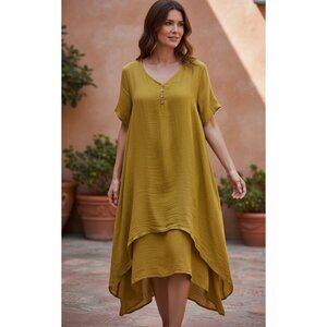 NWT Mustard Yellow Boho Gauze Maxi Dress Layered V Neck Flowy SZ 5XL Lagenlook